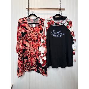 NWT EVANS Black & Red Floral Blouse & Lularoe Hooded Sweatshirt Bundle Size 3X